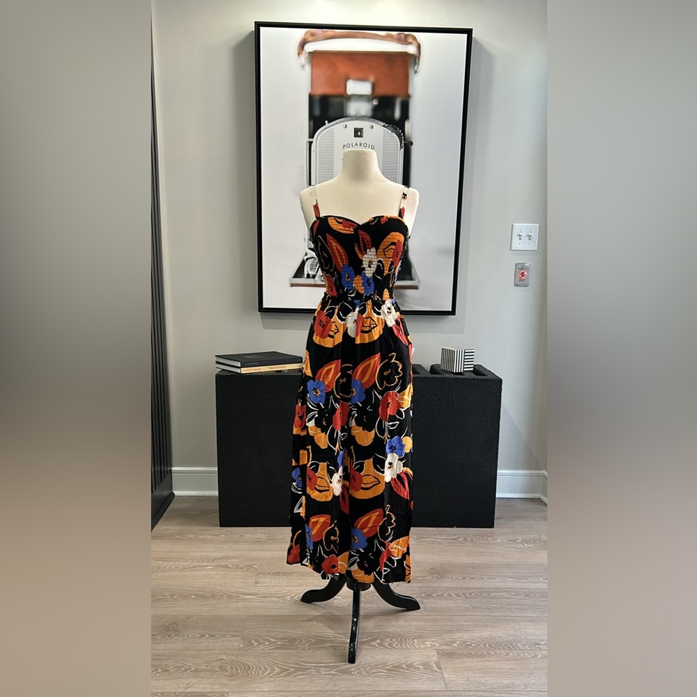 BRAND NEW! Retro Floral Print Jumpsuit w/ Smocked Bodice, Black Background